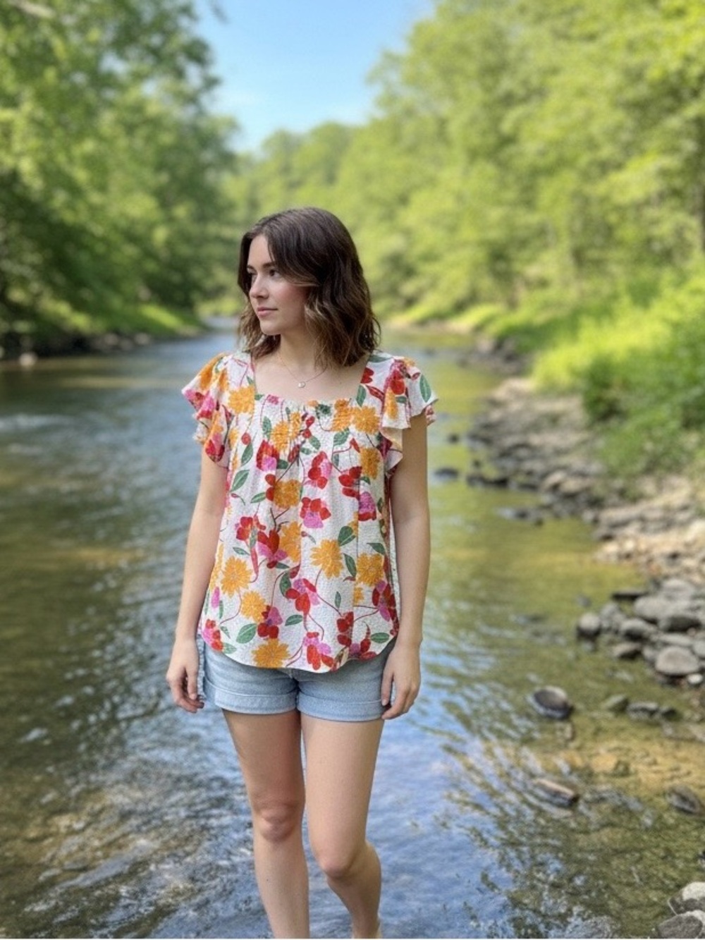 Draper James Floral Flutter Sleeve Smocked Top Blouse Colorful Size S